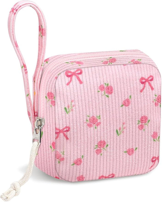Small Makeup Bag | Discreet Period Bag Pad Pouch for Purse| Sanitary Napkin Storage & Tampon Holder for Travel(Flower bow pink)