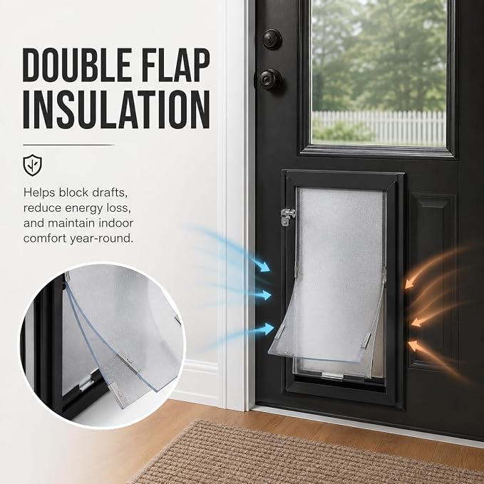 Door Model | Cat & Dog Doors | Energy Efficient Double Vinyl Flaps | Locking Security Cover | Skilled Install Required | Heavy Frame of Extruded Aluminum | Steel Reinforced Corners | Hale Pet Door
