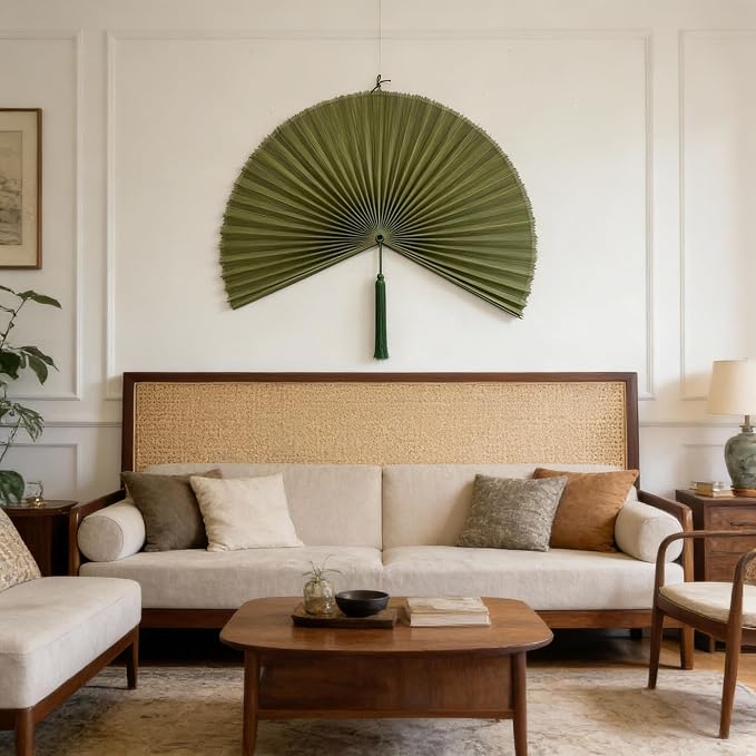 ChumDecor Bamboo Fan Wall Decor, Japanese Wall Fan Art, Army Green 60 in | Large Bamboo Fan Wall Art For Boho Hanging Headboard And Above Bed Decor Giant Japanese Style Folding Fan Easy To Hang