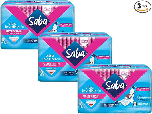 SABA Ultra Invisible Ultra Thin Regular Pads with Wings, SecureFit Technology, 3-Pack of 18 Pads (54 Count)
