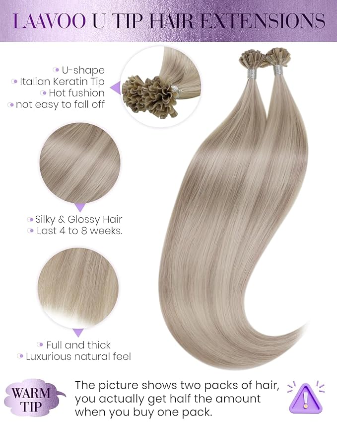 LaaVoo Utip Hair Extensions Human Hair Ash Blonde Highlights Bleach Blonde Hot Fusion Pre Bonded Hair Extensions 50g/50s 24in