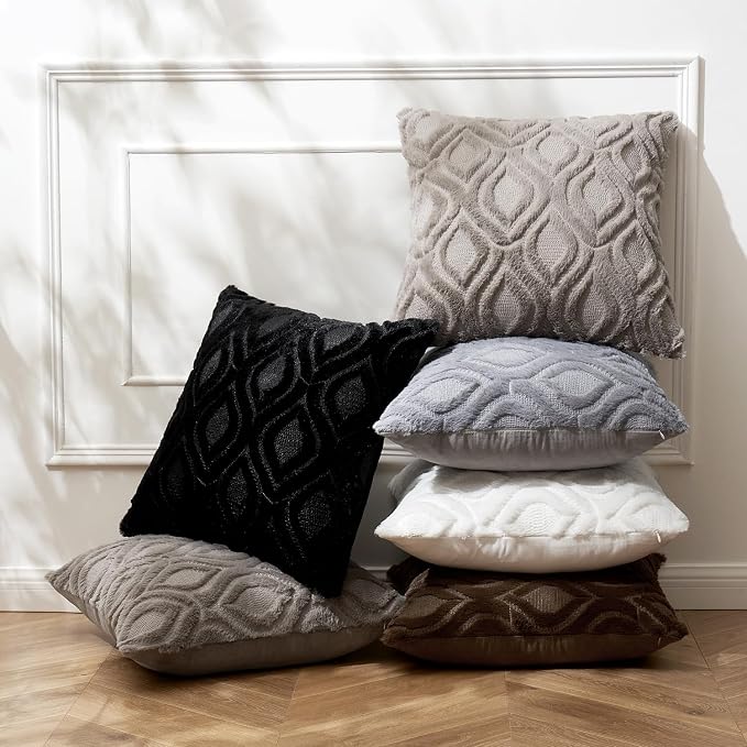 MIULEE Black Soft Plush Faux Wool Throw Pillow Covers 20x20 | Set of 2, Farmhouse Boho Home Decor, Decorative Cushion Covers for Sofa, Living Room, Bed
