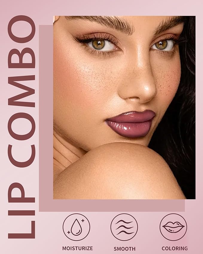 3Pcs Hydrating Lip Gloss with Brown Lip Liner Combo Set,Plumping Lip Liner Moisturizing Nude Tinted Lips Glow Oil,Lightweight Non Sticky Liquid Lipstick Women Lipstain Makeup Long Lasting Lipgloss-12