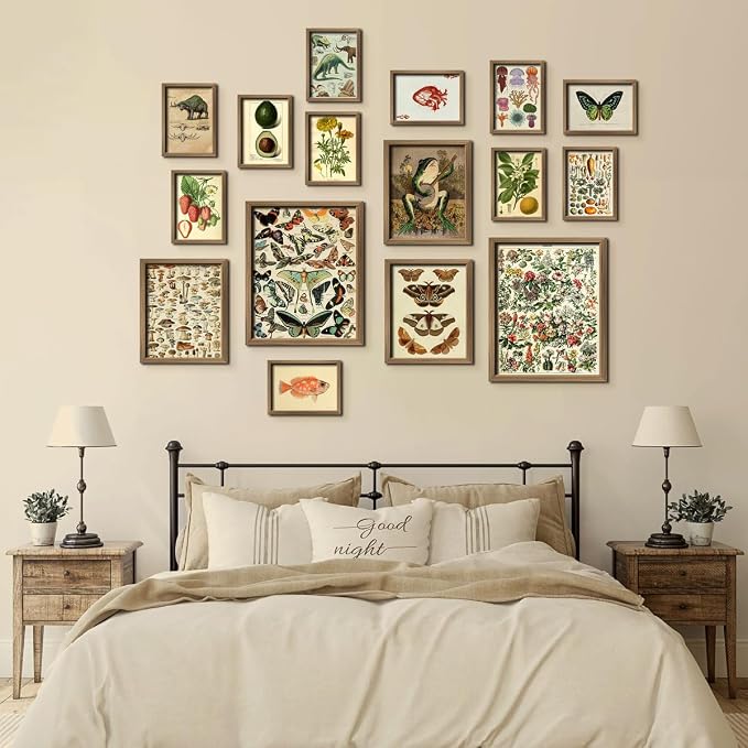 16 PCS Framed Vintage Wall Art Decor, Botanical Cottagecore Wall Prints for Bedroom, Gallery Wall Frame Set, Farmhouse Posters for Living Room Aesthetic, Rustic Dorm Home Collage Kit