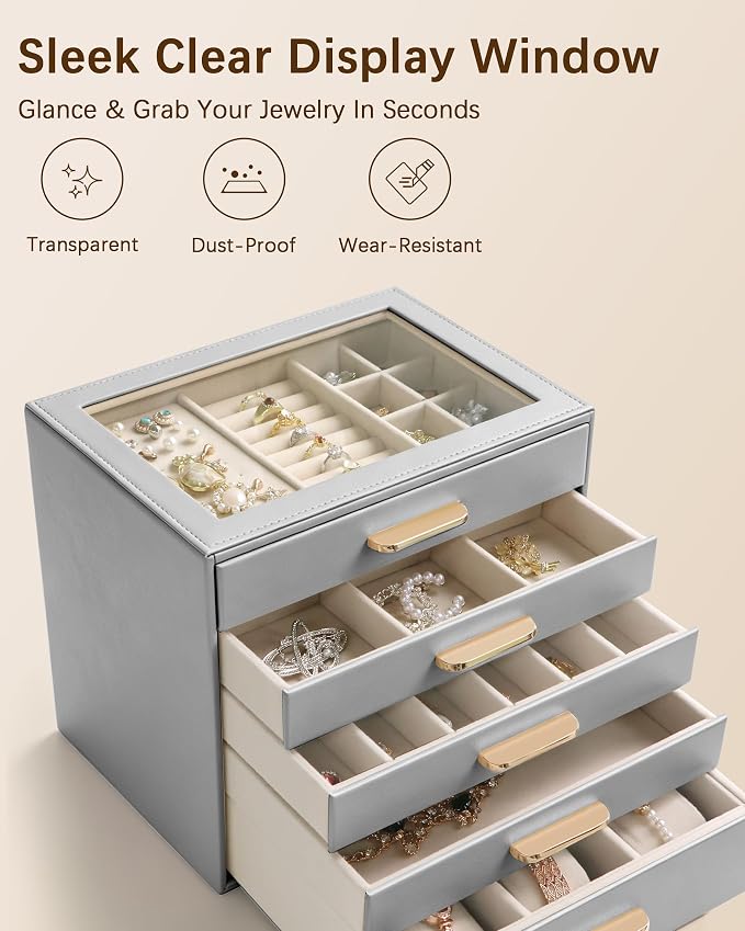 Homeanda Jewelry Boxes Organizer with Glass Lid, 5-Layer PU Leather, Grey | Modern style display case with 5 drawers for daily jewelry, women, mom or girl gift