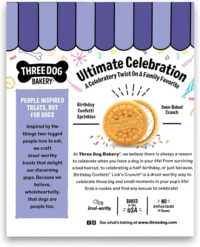 Three Dog Bakery Lick'n Crunch! Dog Treats - 13 oz | Birthday Confetti Sandwich Cookies - Crunchy Treats with Birthday Cake Creme