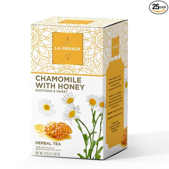 Life Plus Style Gourmet La Granja Pure Chamomile Honey Tea 25 Individually Wrapped Tea Bags Caffeine Free Herbal Infusion Tea Natural Drink Tea Gift for Women & Tea Lovers