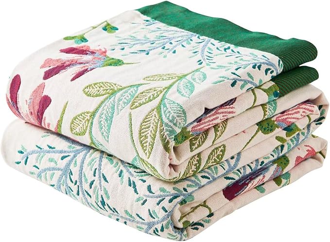 XIBLC Boho Throw Blanket for Bed, 100% Cotton Soft Rustic Quilt Fall Blanket, 50"x60" Green Floral Printed Farmhouse Decor Bed Blankets, All Season Rustic Reversible Bohemian Throw Quilt