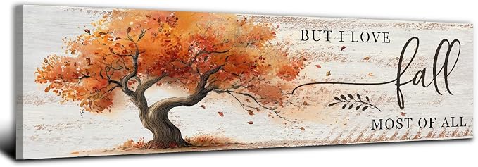 Fall Wall Art Autumn Tree Landscape Wall Decor Vintage Rustic Fall Picture Canvas Prints for Living Room Bedroom But I Love Fall Most of All Signs Poster Painting Holiday Artwork Home Decoration 14x48”