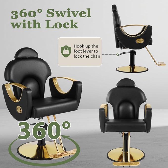Black and Gold Reclining Salon Barber Chair for Hair Stylist, Hydraulic Pump Hair Salon Chair, 360° Swivel Styling Chair for Home or Barbershop