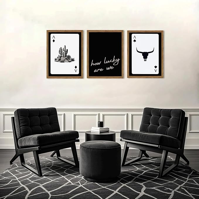 Western Wall Art Set of 3, Southwestern Cowboy Playing Card Wall Decor, Longhorn Bull Skull and How Lucky are We Poster Canvas Painting Prints for Bedroom Living Room 16x24 inch Wood Framed