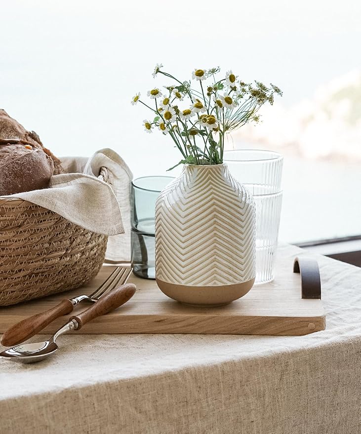 Small Boho Vase for Decor,Rustic Farmhouse Vase for Pampas Grass,Eucalyptus Set and Tiny Stem Flowers,Ceramic for Centerpieces, 5.3 Inch,Wave-Arctic White
