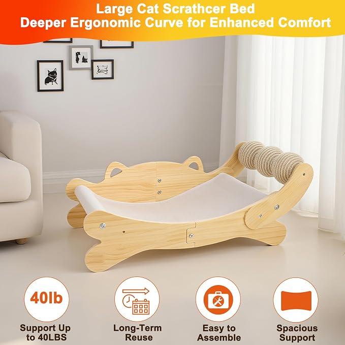 Cat Scratcher Bed, Heavy Duty Sisal Cat Scratching Post with Hammock for Indoor Cats, Natural Wood Cat Lounge for Sleeping & Scratching, Stable Bed for Large Cats