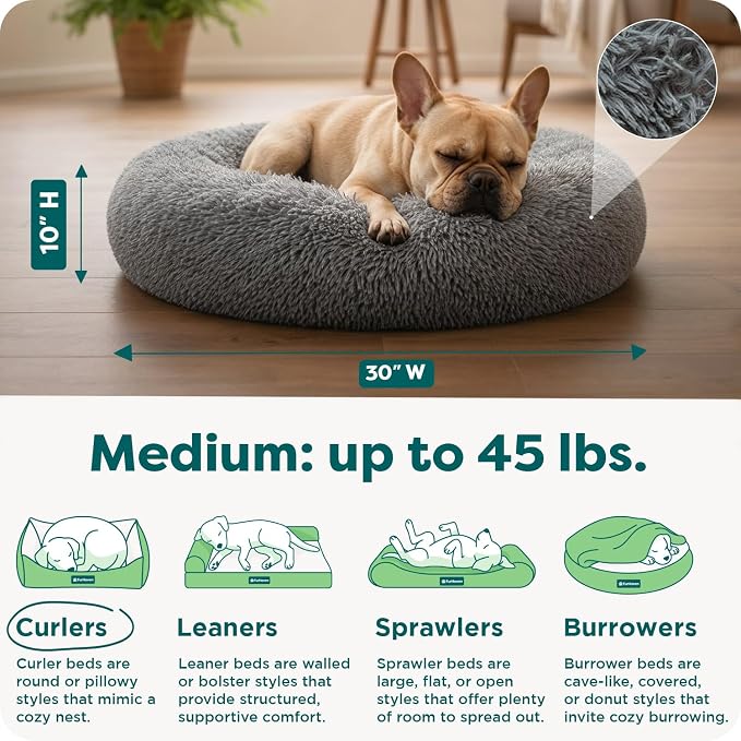 Furhaven 30" Round Calming Donut Dog Bed for Medium/Small Dogs, Refillable w/ Removable Washable Cover, For Dogs Up to 45 lbs - Shaggy Plush Long Faux Fur Donut Bed - Gray, Medium