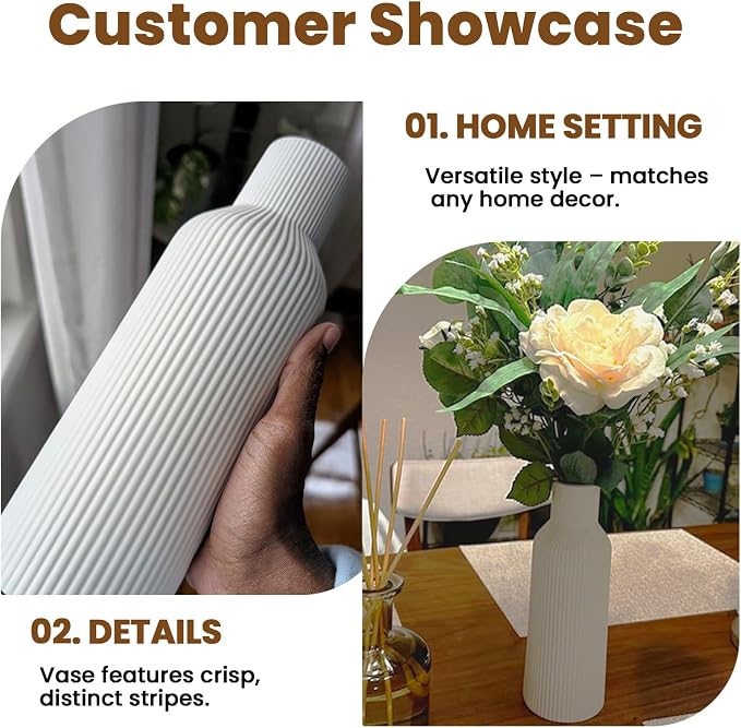 White Ceramic Vase, Modern Matte Ribbed Flower Vase for Pampas Grass, Fresh & Dried Flowers, Waterproof Decorative Home Decor for Living Room, Coffee Table, Bookshelf & Entryway