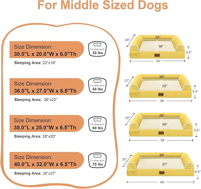 Orthopedic Dog Bed for Medium Dogs, 30 x 20 Inch, Ginger | Egg crate foam for joint support, 3-sided bolster pet sofa, waterproof lining, washable cover, and non-skid base