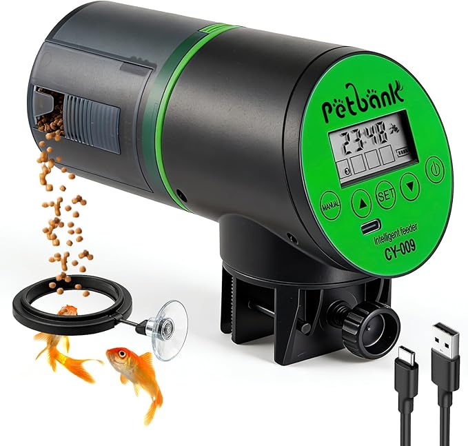 Automatic Fish Feeder for Aquarium Easy Setup & 4 Timers Green | 200ML Rechargeable Auto Food Dispenser for Flakes & Pellets, LCD Display, Vacation Feeding for Small Tank Betta Koi Turtle