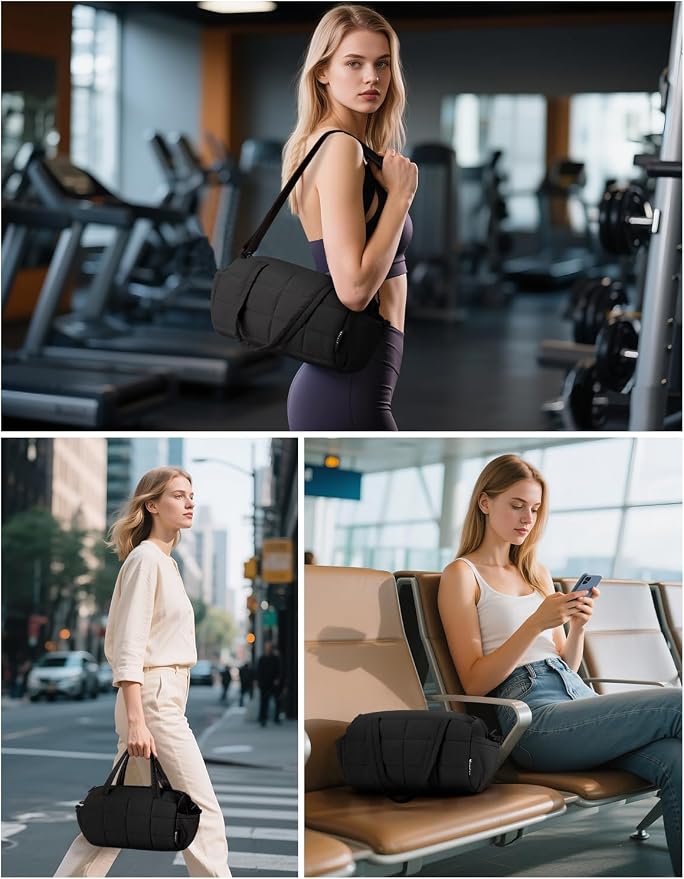 Noozion 12 Inch Mini Gym Bag for Women, Lightweight Quilted Crossbody Duffle Bag with Wet Pocket, Dual Side Pockets, Adjustable Strap, Small Workout Bag for Yoga, Pilates, Swimming & Daily Use