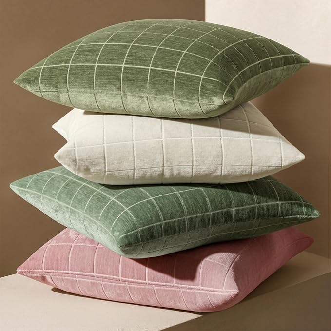 MIULEE Sage Green Plaid Decorative Throw Pillow Covers 18x18 Set of 2 | Vintage, Check Chenille Couch Pillows, Neutral Boho Farmhouse Cushion Covers, Modern Home Decor for Sofa Bed Living Room