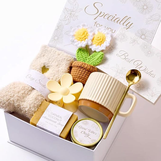 8PCS Birthday Gifts Box for Women Care Package Baskets for Women Hug in a Box Self Care Get Well Soon Gift Set for Mom Wife Girlfriend Sister Friends (White)