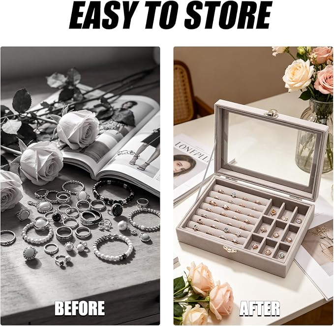 Small Velvet Jewelry Tray with Clear Lid, 2-in-1 Gray | Lockable Ring Earring Holder Organizer Storage Box Case Jewelry Box Organizer for Rings Earrings Bracelets Brooches
