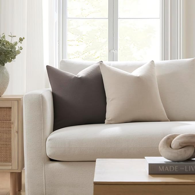 Meekio Set of 2 Taupe Throw Pillow Covers 20x20, Modern Farmhouse Linen Blend Decorative Pillow Covers for Couch Sofa Bed, Neutral Home Decor