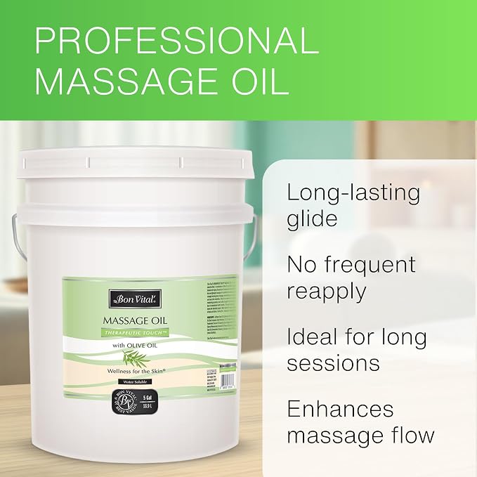 Bon Vital' Therapeutic Touch Massage Oil, 5-Gallon Pail, Unscented Massage Oil for Massage Therapy With Olive Oil, Lightweight Non-Greasy Formula, Professional-Grade for Dry Skin and Sore Muscles