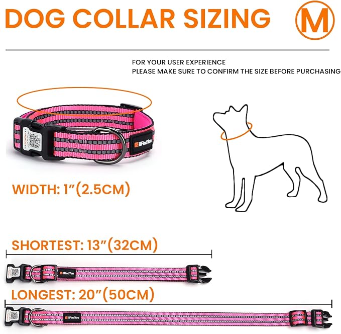 Personalized Dog Collar with QR Code Dog Tag, Rose Red M | Anti-lost, 1000D nylon, reflective, padded, XS-L(8"-24"), QR buckle shares lost pet profile, location alerts when scanned