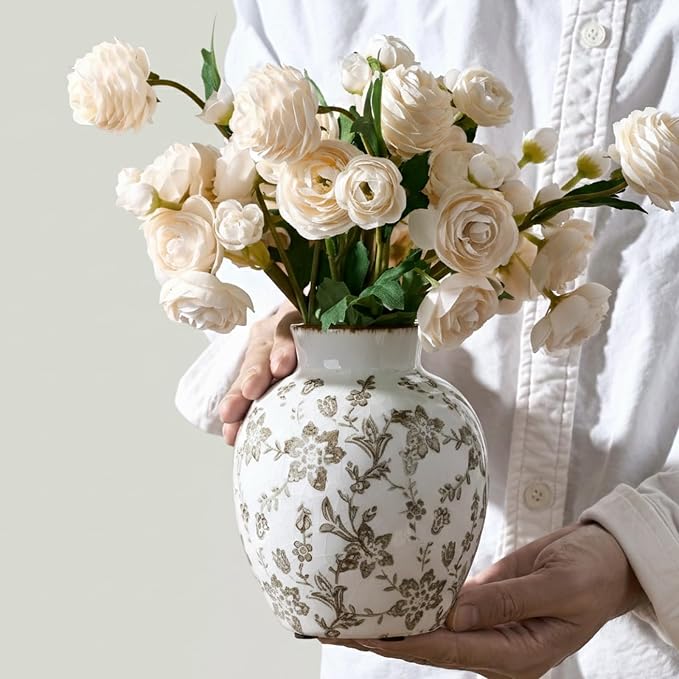 SIDUCAL Ceramic Vintage Vase, 5.83 Inch Retro Ice Cracked Chinoiserie Floral Vase, Rustic Farmhouse Vases for Home Decor, Bookshelf, Garden, Chinoiserie Decor, Tuscan Decor, Brown Floral Pattern