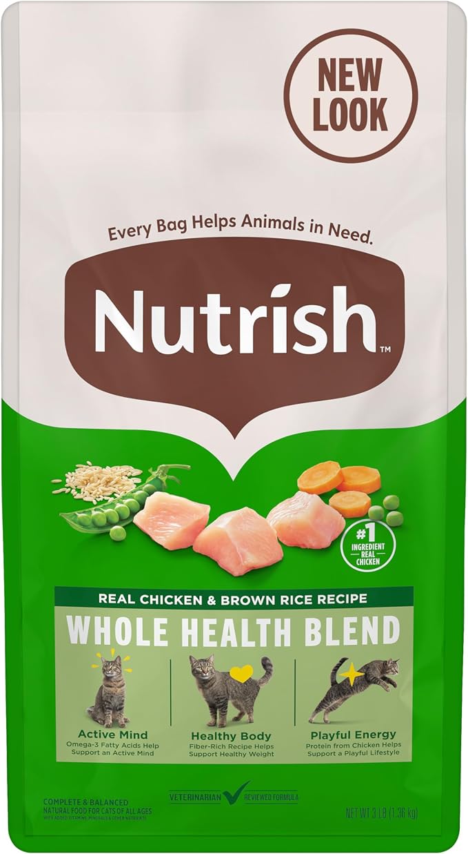 Nutrish Dry Cat Food, Chicken & Brown Rice Recipe, 3 lb. Bag (Rachael Ray) | Suitable For All Life Stages, Veterinarian Reviewed Formula, Natural Food with Added Vitamins, Minerals & Nutrients
