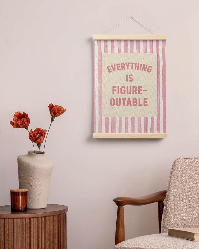 FGFK Preppy Pink Striped Everything Is Figureoutable Inspirational Framed hanging Canvas wall art Poster Prints office dorm room decor for women, Motivational posters decorations for home bedroom,12x16 Inch