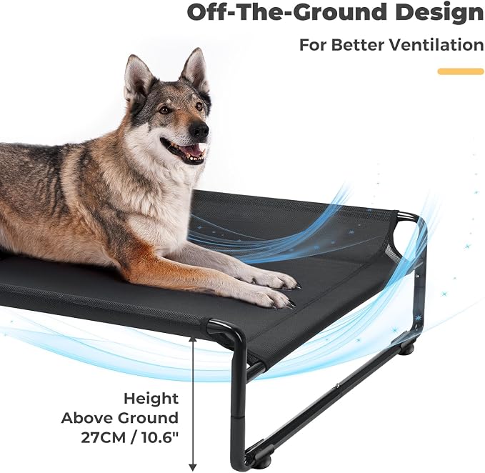 Veehoo Outdoor Elevated Dog Bed, Cooling Raised Dog Beds for Large Dogs | Washable Dog Cot with Headrest Sides, Non-Skid Feet, Breathable Mesh, Cooling Pet Hammock for Indoor or Camping, 47", Black