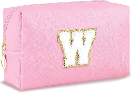 URSKYTOUS Initial Makeup Bag Personalized Preppy Travel Small Cosmetic Bag Cute PU Pink Chenille Letter Makeup Pouch for Purse Waterproof Zippered Toiletry Organizer for Women Girls Kids Friends (W)