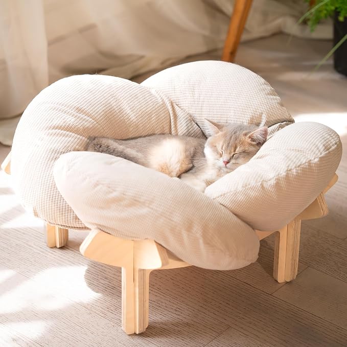 Elevated Cat Bed for Indoor Cats Couch Sofa Flower | Pet Beds with Soft Washable Cushion, Stable Wooden Frame, Raised Cat Hammock & Furniture for Kitty & Puppy All-Season(White)