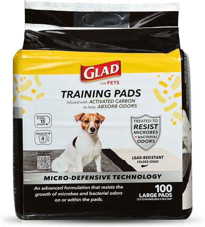 Glad for Pets Activated Carbon Training Pads, Anti-Microbial, 100 Count | 6-layer, leak-proof pads with odor control technology, 23 x 23 in coverage for indoor potty training