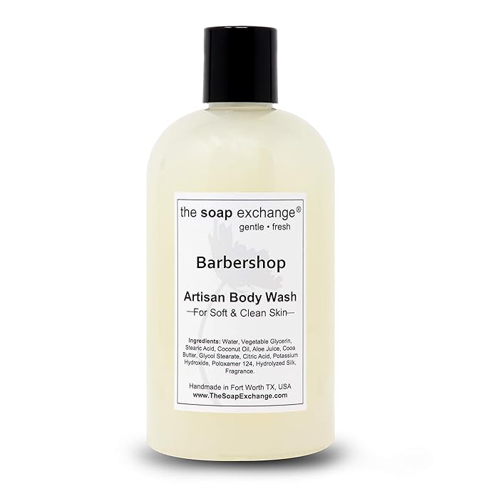 The Soap Exchange Body Wash - Barbershop Scent - Hand Crafted 12 fl oz / 354 ml Natural Artisan Liquid Soap for Hand, Face & Body, Shower Gel, Cleanse, Moisturize, & Protect. Made in the USA.