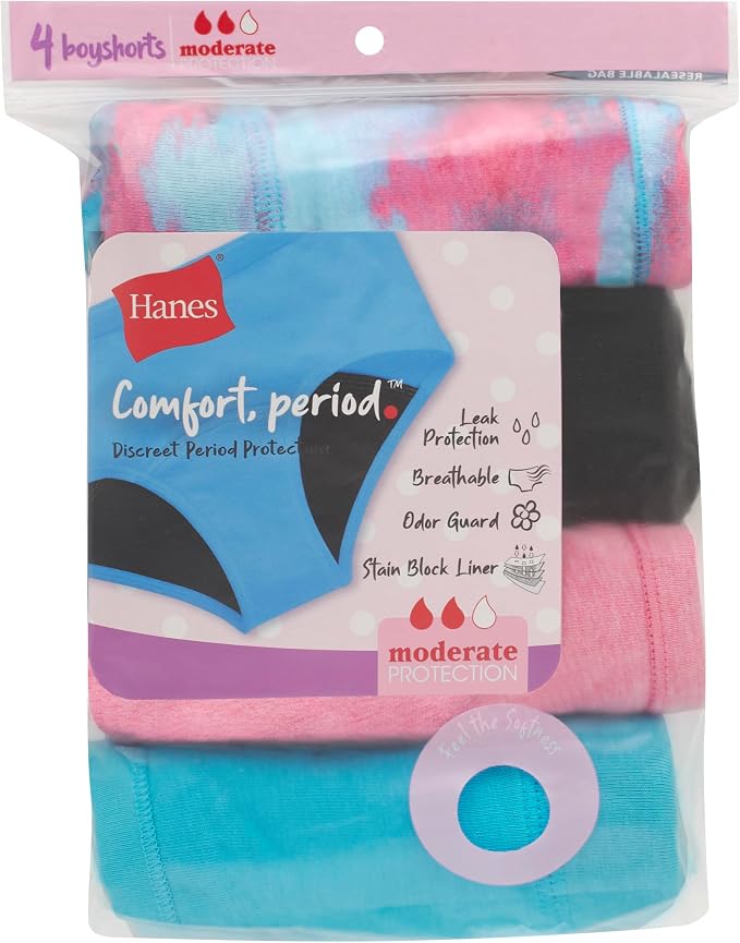 Hanes Girls' Period Underwear Boxer Briefs, Comfort Period Boxer Brief Panties for Girls, Moderate Protection