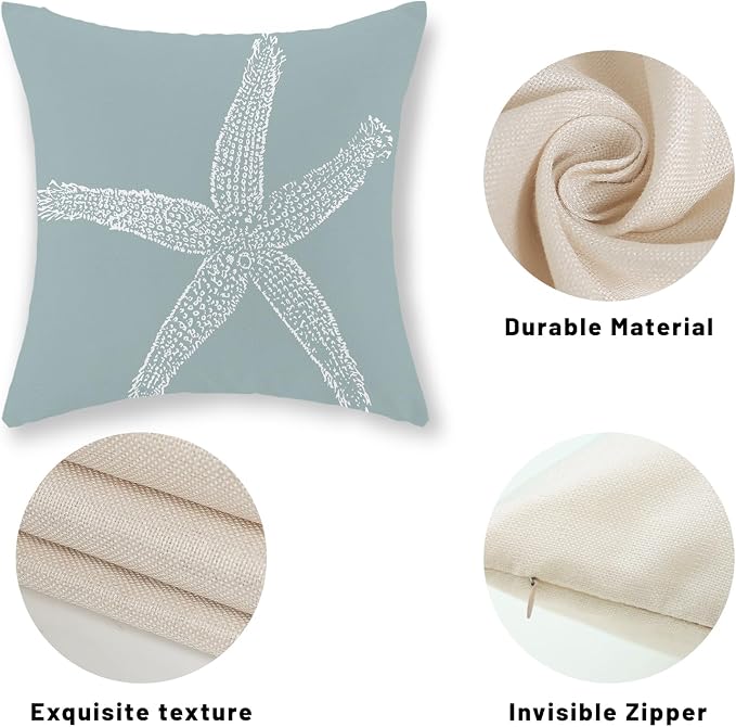 Coastal Pillow Covers 18x18 Inch Set of 2 Blue Coral Starfish Throw Pillows Nautical Ocean Decorations Summer Linen Beach Pillowcase Outdoor Decor Farmhouse Cushion Case for Home Living Room