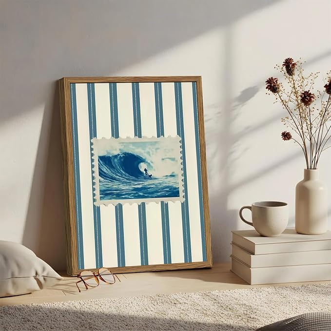 Vintage Surf Stripe Wall Art Trendy Coastal Wall Decor Painting Blue and White Beach Surf Poster Canvas Print for Bedroom Living Room Bathroom 16x24 inch Wood Framed