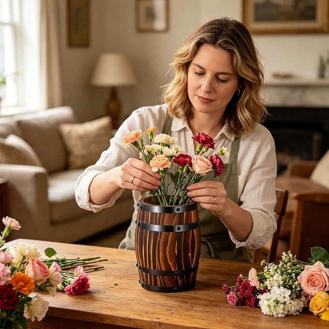 Wine Barrel Design Vase Rustic Flower Holder with Lid Kitchen Utensil Crock Wood Wine Barrel Vase Kitchen Counter Vintage Container Rustic Flower Planter Wooden Storage Container