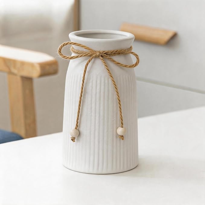 Rustic 6-Inch Ceramic Vase with Jute Rope & Wood Ball Charm for Home Décor, White Flower Vase for Table Centerpieces and Gifts, Ideal for Living Room, Bedroom