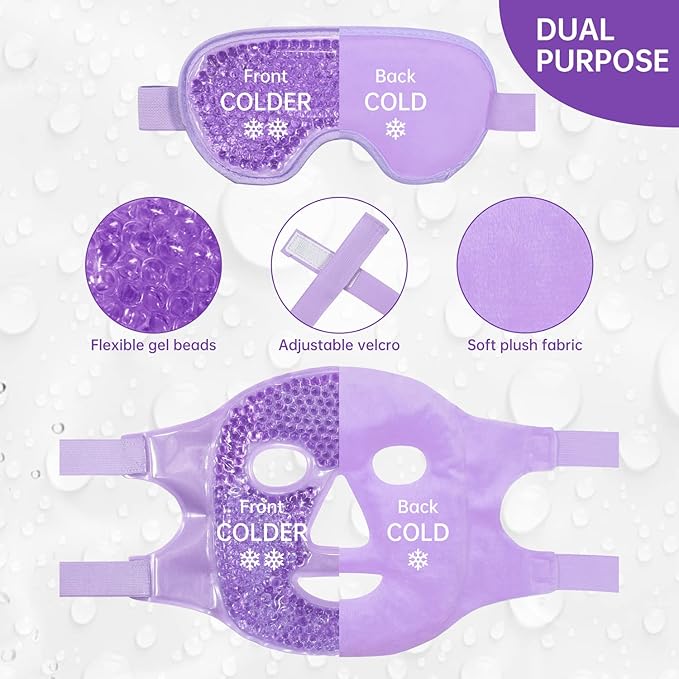 ZNÖCUETÖD Cooling Ice Face Eye Mask for Reducing Puffiness, Bags Under Eyes,Sinus,Redness,Pain Relief,Dark Circles, Migraine,Hot/Cold Pack with Soft Plush Backing (Purple(1* Eye Mask+1*Face Mask))