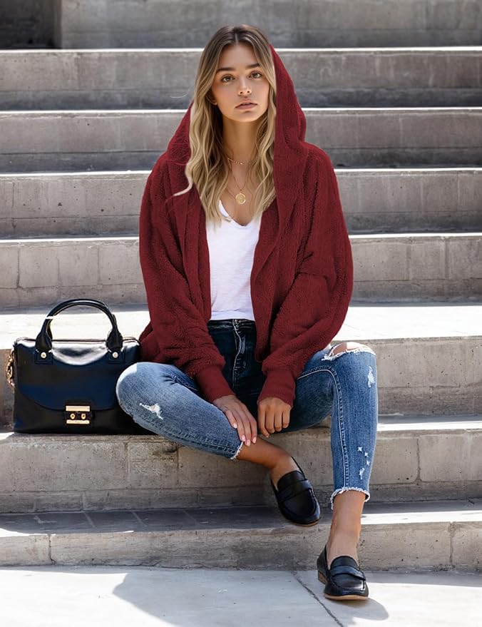 Zilcremo Women Hooded Cardigan Fuzzy Jacket Winter Open Front Fleece Coat Outwear with Pockets
