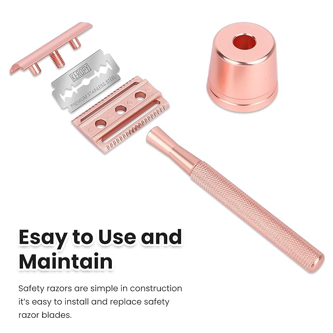 Keropy Double Edge Safety Razor For Woman With Stand and 10 Premium Stainless Steel Reusable Safety Razor, Razors For Shaving, Rose Gold