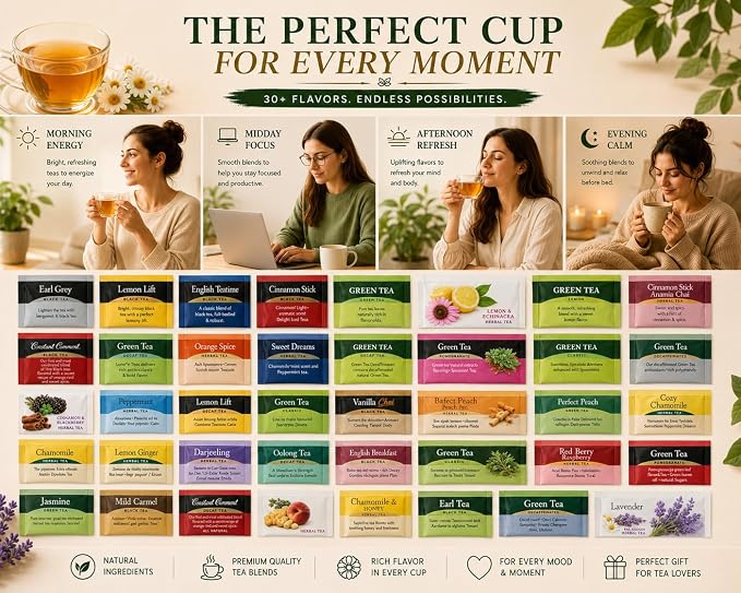 Generic Perfect Tea 48 Variety Pack Sampler Assorted Tea Bags | Black, Green, Decaf & Herbal Teas | Tea Gift Set, Office Breakroom (24)