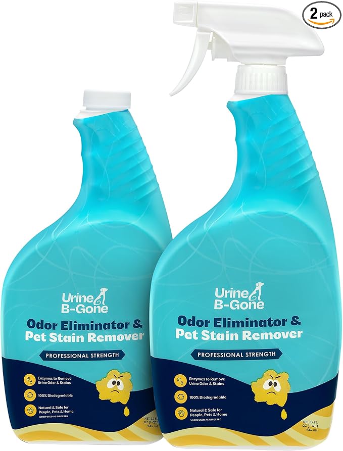 Urine B-Gone Enzyme Cleaner for Human & Pet Urine, Original, 32 oz, 2-Pack | Two 32 oz bottles of enzyme cleaner for human, cat and dog urine on laundry, carpets and more; original scent.