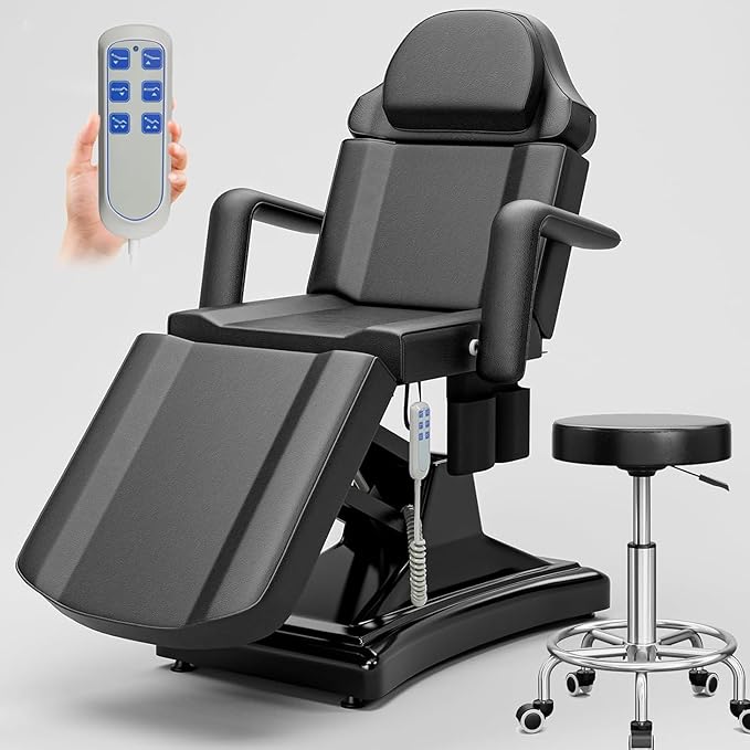 Icoget Fully Electric Tattoo Chair Esthetician Bed for Clients, 3-Motor Massage Table Adjustable Spa Facial Chair for Waxing, Lashing, Professional Aesthetics Bed for Salon, Black with Stool