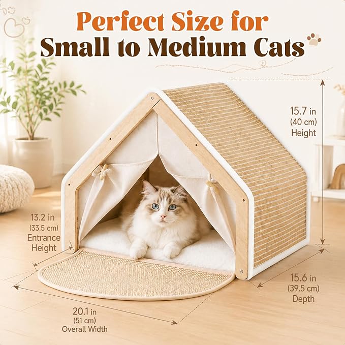 SATINIOR Cat Houses for Indoor Cats with Scratcher Board, Sturdy Wood Frame Cat Bed Cave with Curtains and Floor Scratching Pad Rug, Protect Couch and Carpets