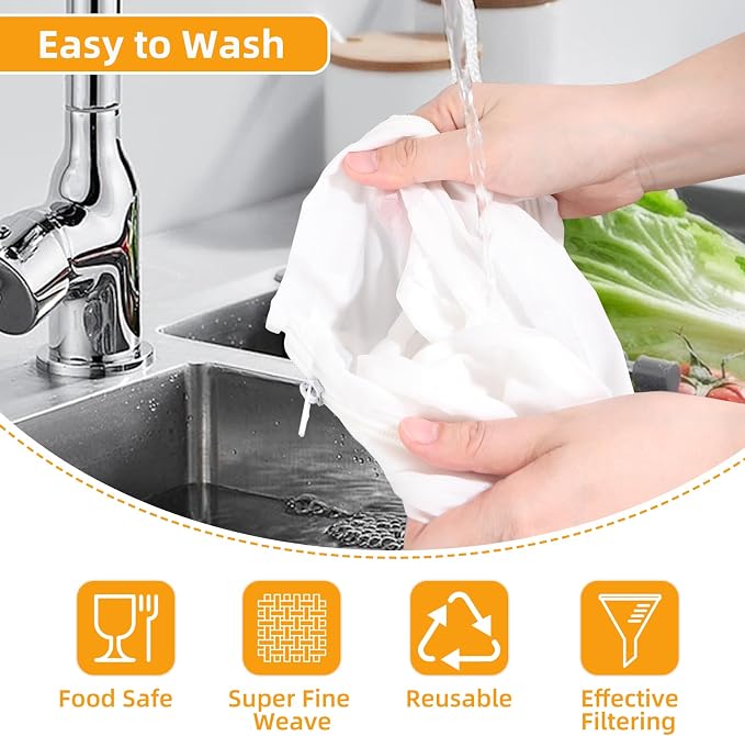 5 Pcs Premium Ultra Fine Mesh Strainer Bags with Stainless Steel Handle, Reusable Nut Milk Bags, Cheese Cloths for Straining Juice, NutMilk, Coffee, Thai Tea, Yogurt and Soup (Large)