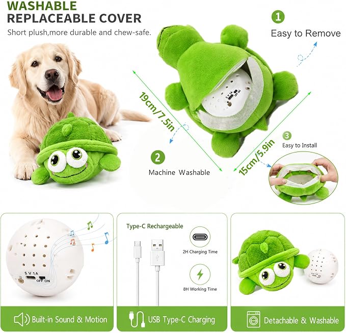 Interactive Moving Dog Toys – Interactive Dog Toys Plush Chew Toy with Bouncing Ball, Music & Recording Rechargeable Self-Play Toys for Small, Medium & Large Dogs to Keep Them Busy (Turtle)